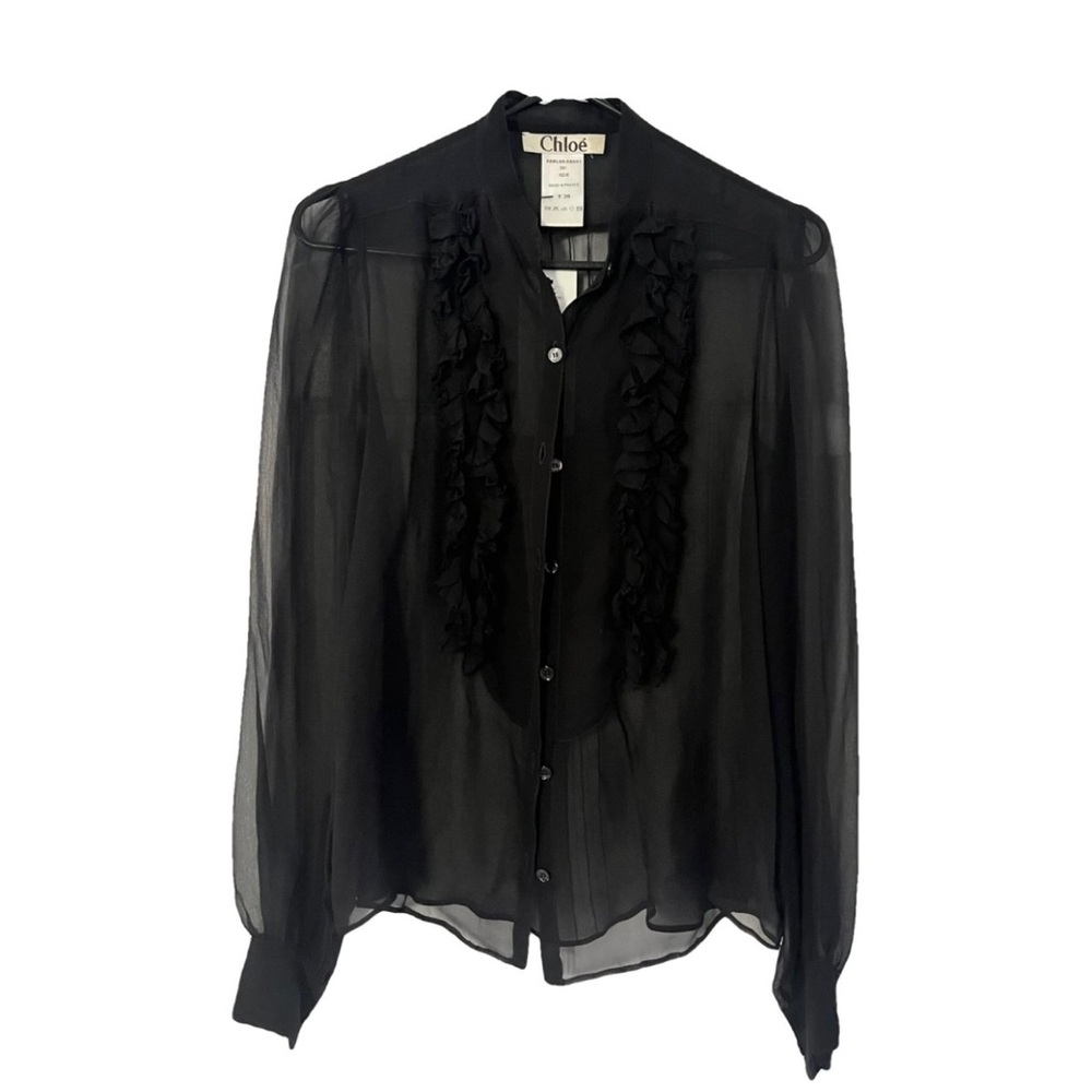 Vintage Chloé FW 2005 Women’s Black Silk Sheer Ruffle Blouse Sz 36 France
